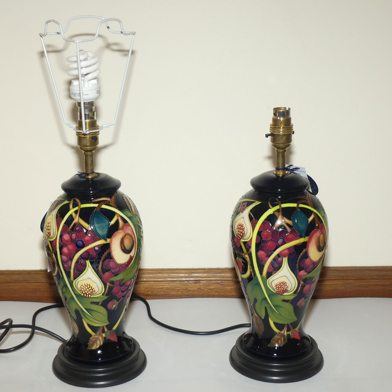 Moorcroft pair of Lamps and Silk Shades | Queens Choice pattern | Shape 46/10