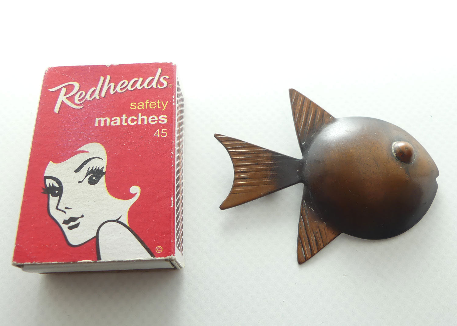 Vintage Mid Century Copper Fish Brooch facing right by Francisco Rebajes