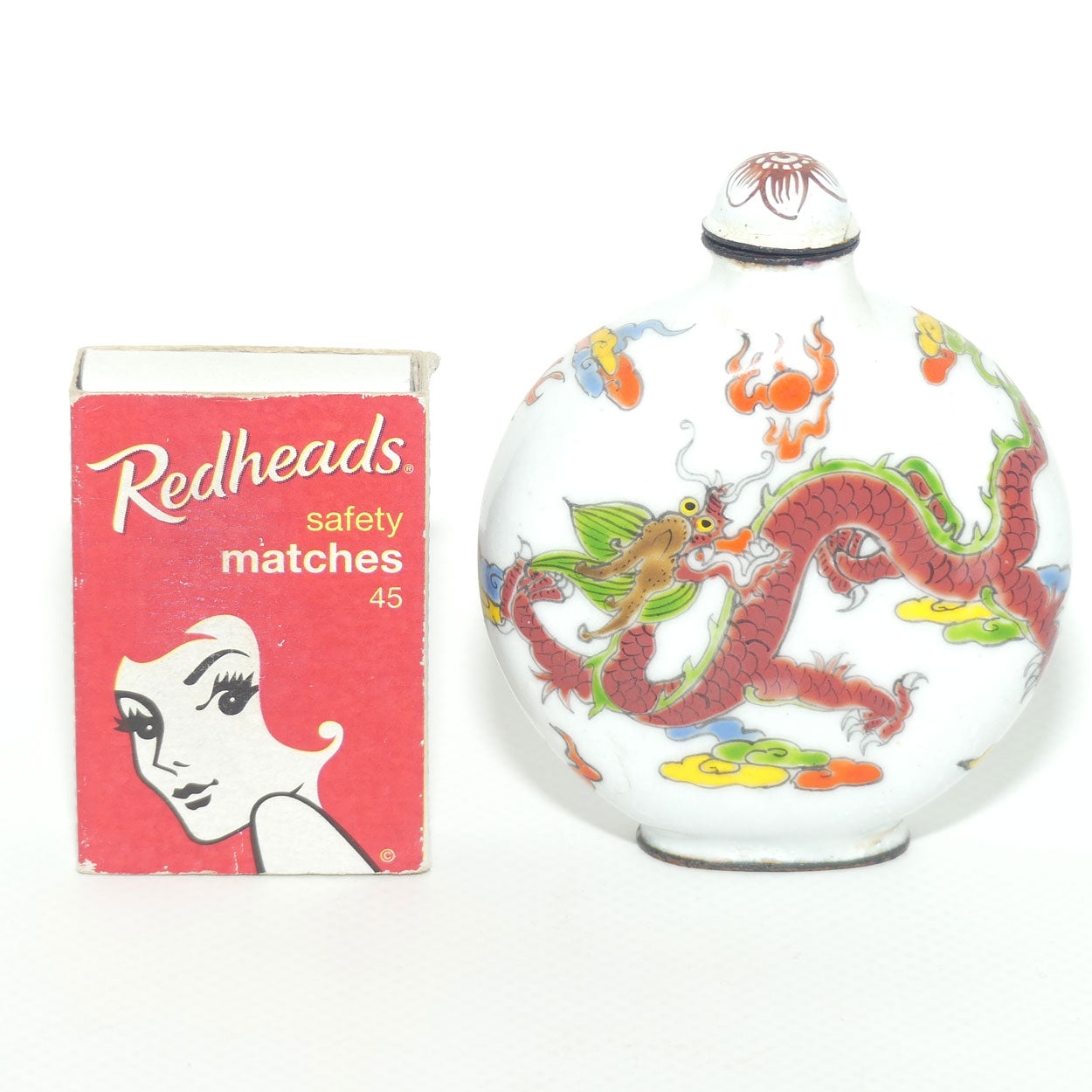 Chinese Hand Painted Enamel on Copper Snuff bottle | Red and Aqua Dragons