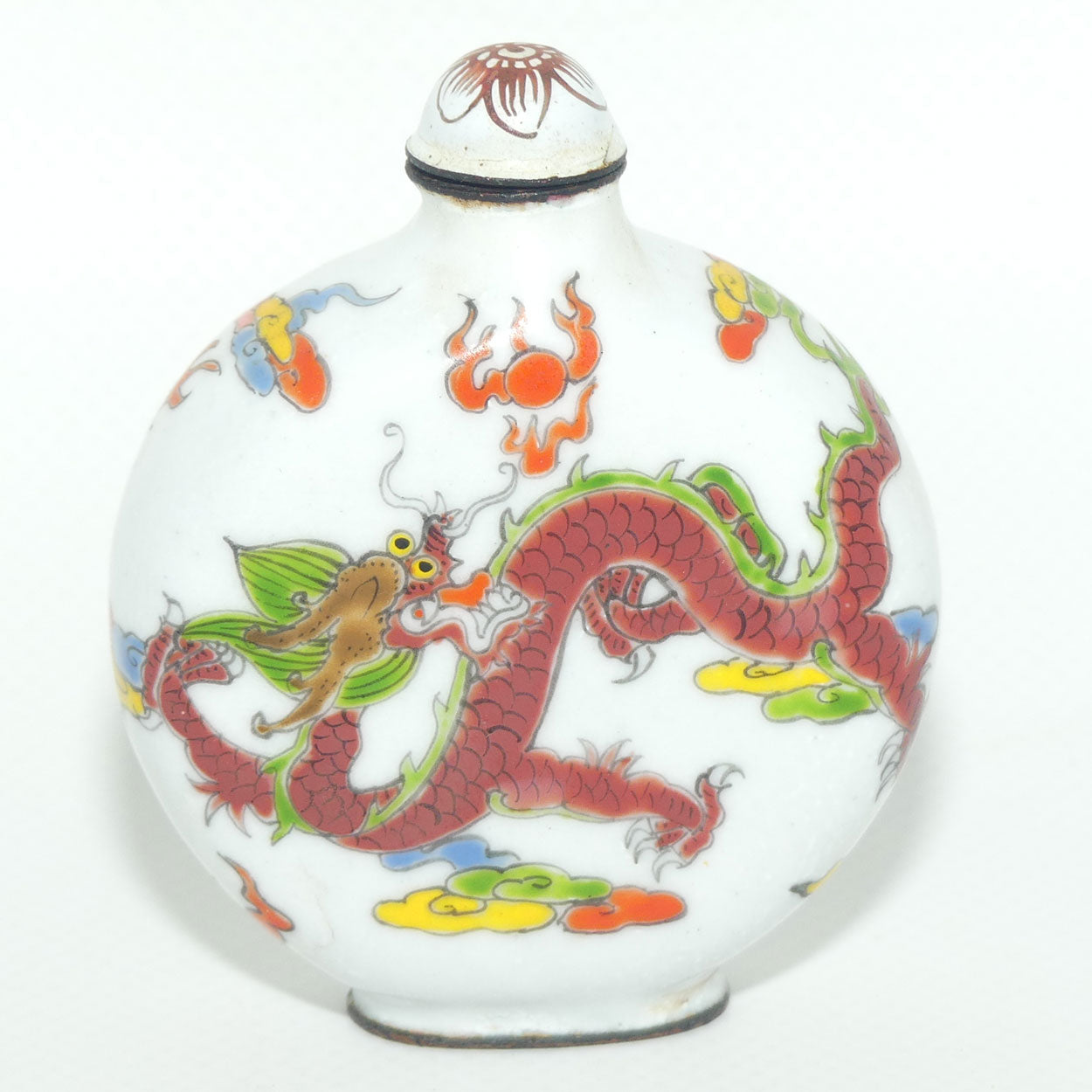 Chinese Hand Painted Enamel on Copper Snuff bottle | Red and Aqua Dragons