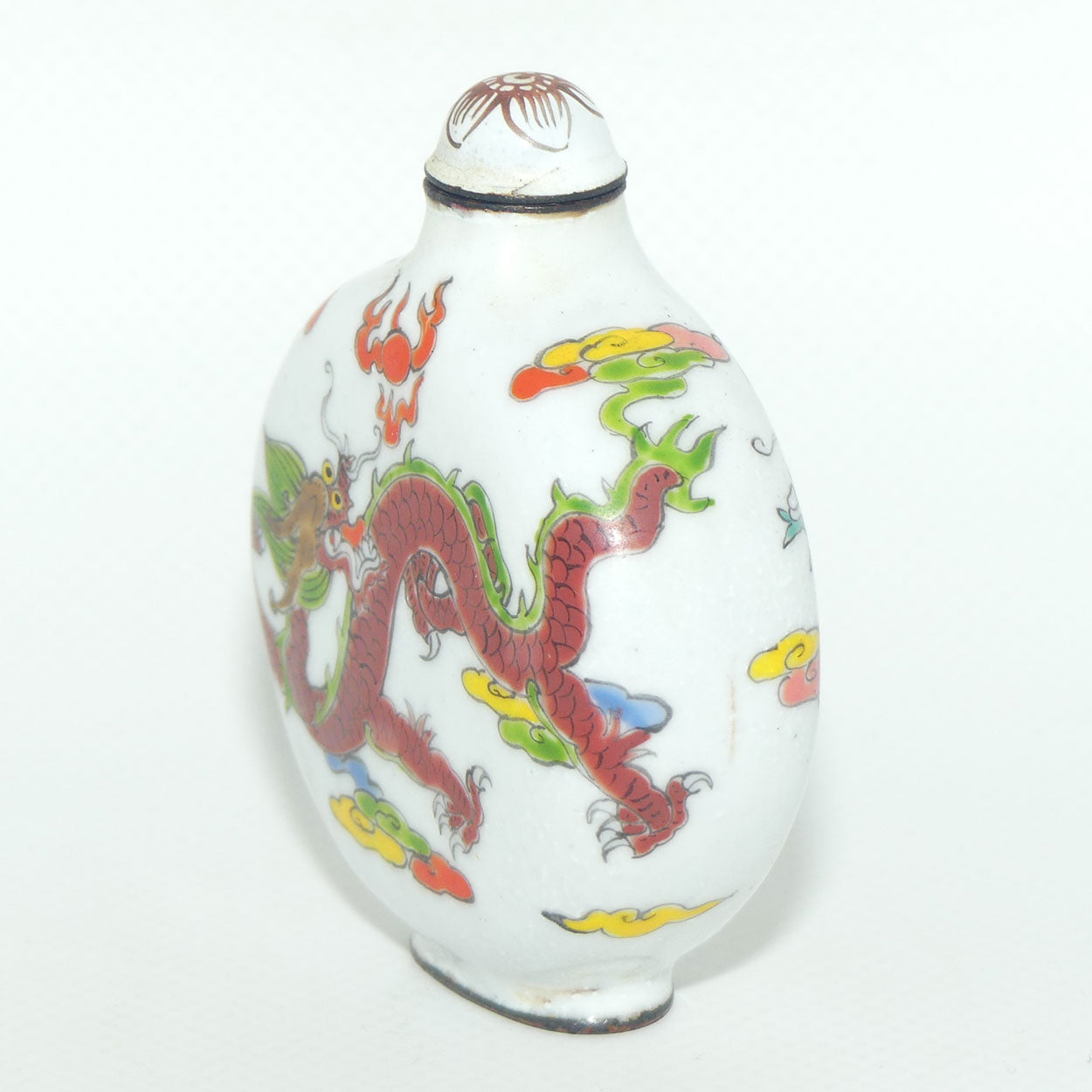 Chinese Hand Painted Enamel on Copper Snuff bottle | Red and Aqua Dragons