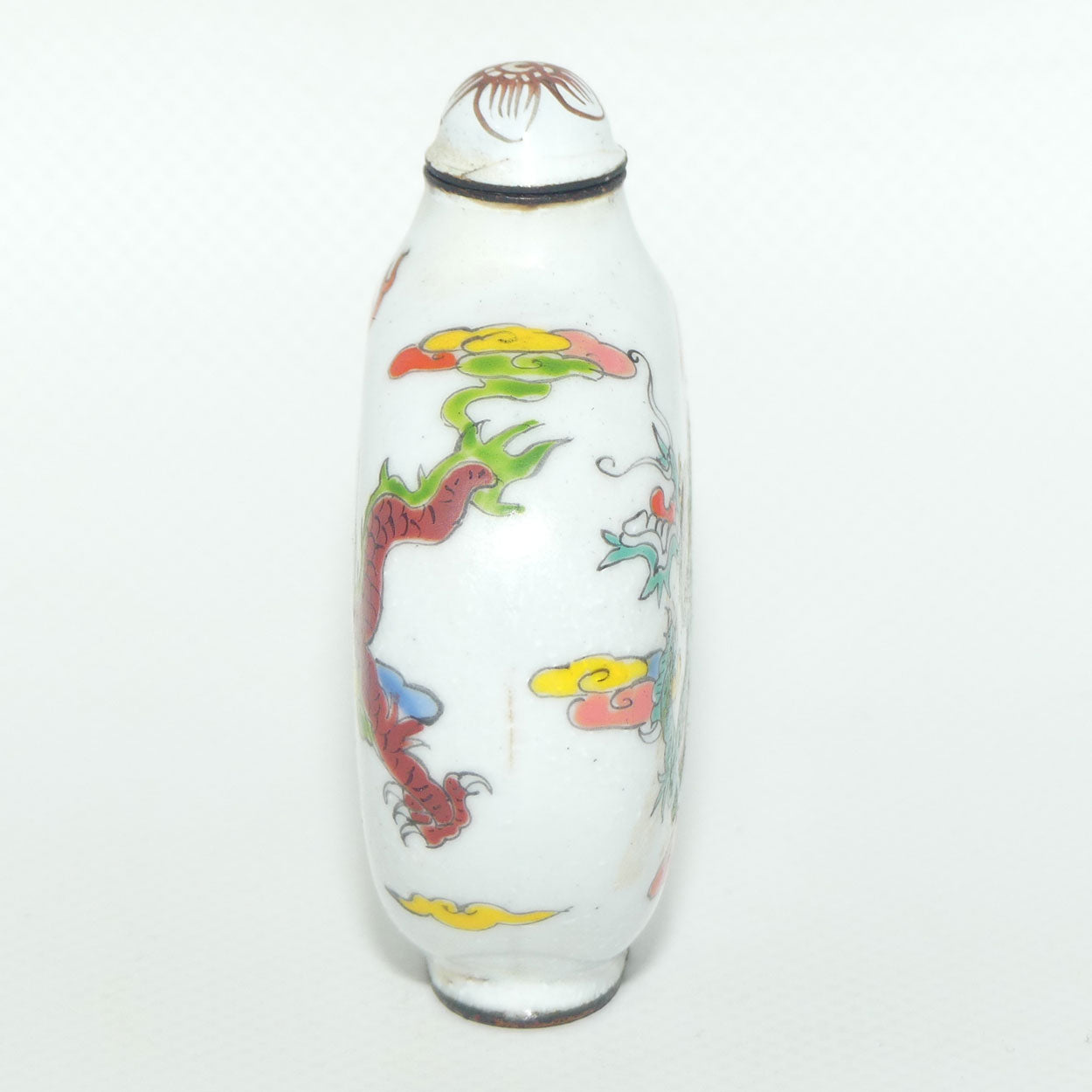 Chinese Hand Painted Enamel on Copper Snuff bottle | Red and Aqua Dragons