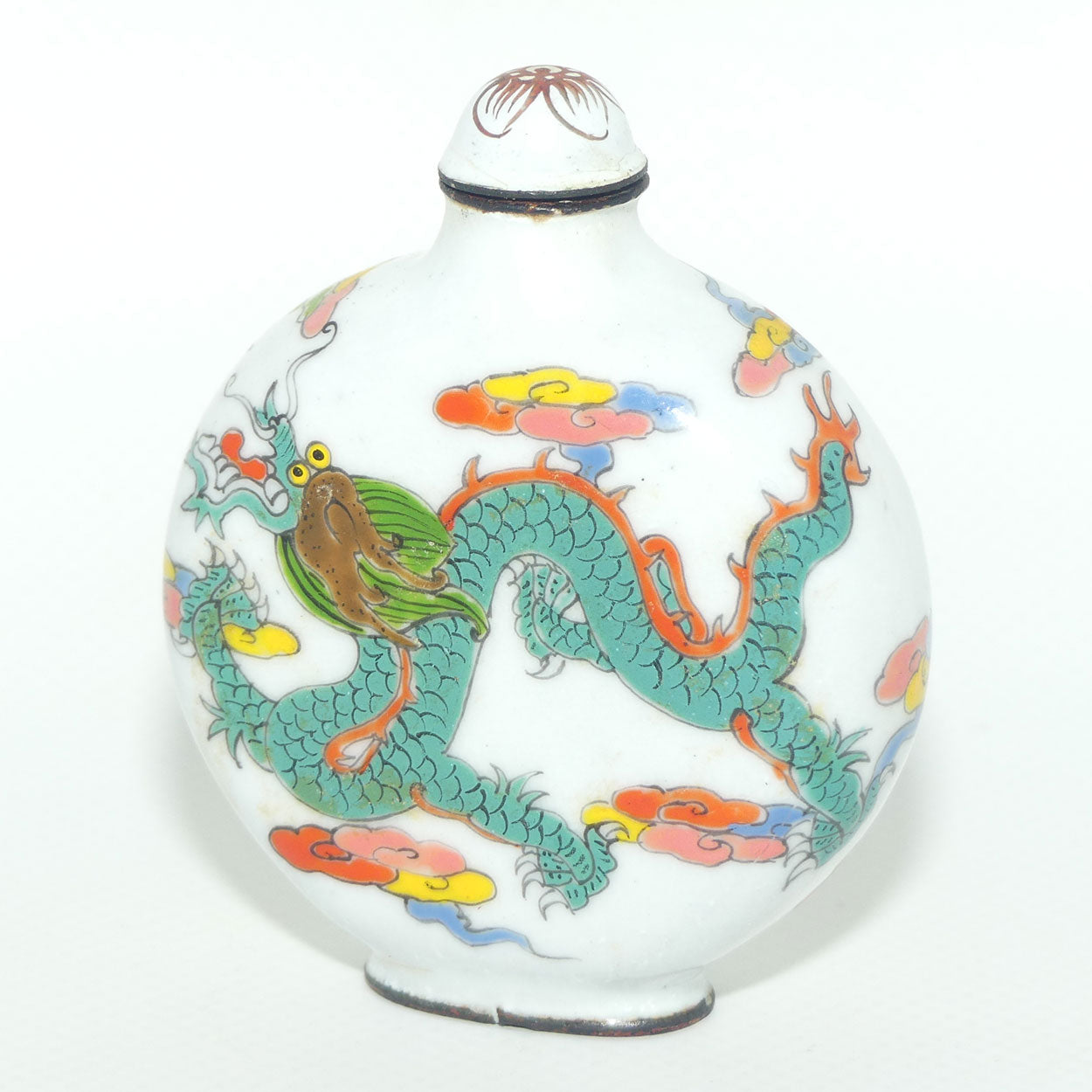 Chinese Hand Painted Enamel on Copper Snuff bottle | Red and Aqua Dragons