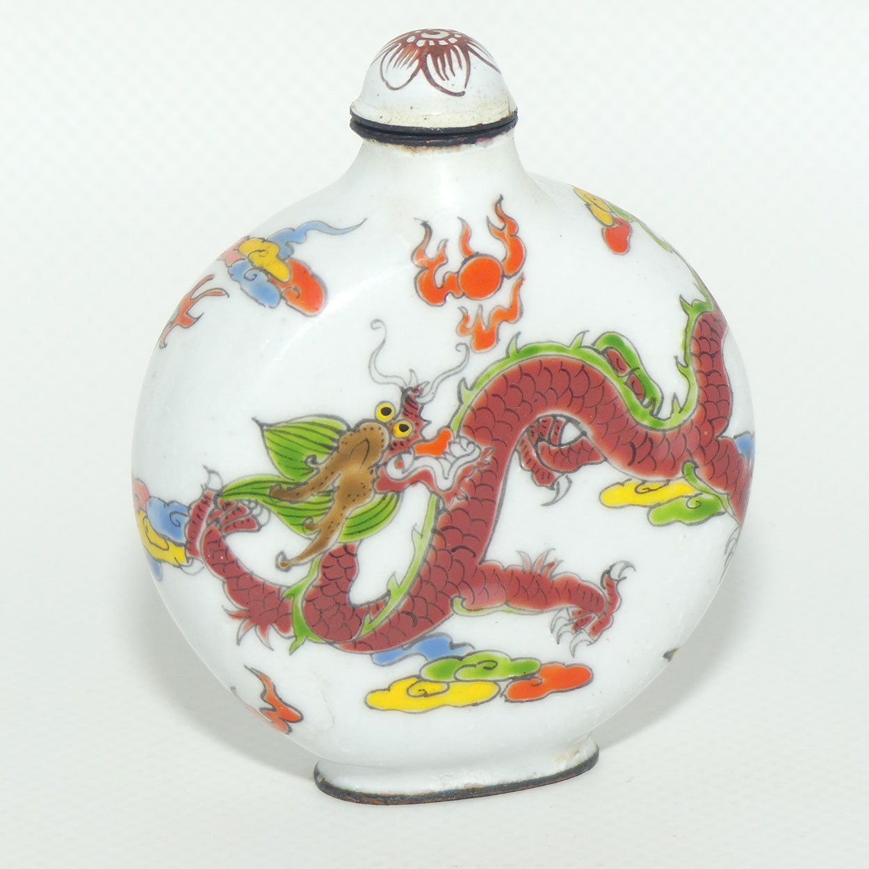 Chinese Hand Painted Enamel on Copper Snuff bottle | Red and Aqua Dragons