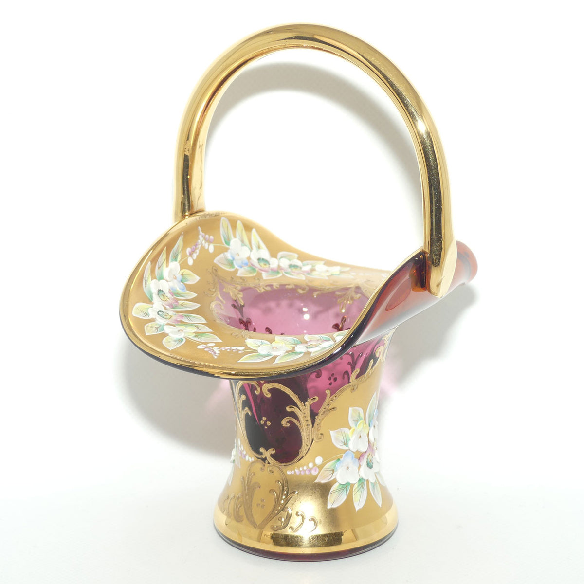Vintage Bohemian Glass basket | High Gilt and Floral Decor on Cranberry