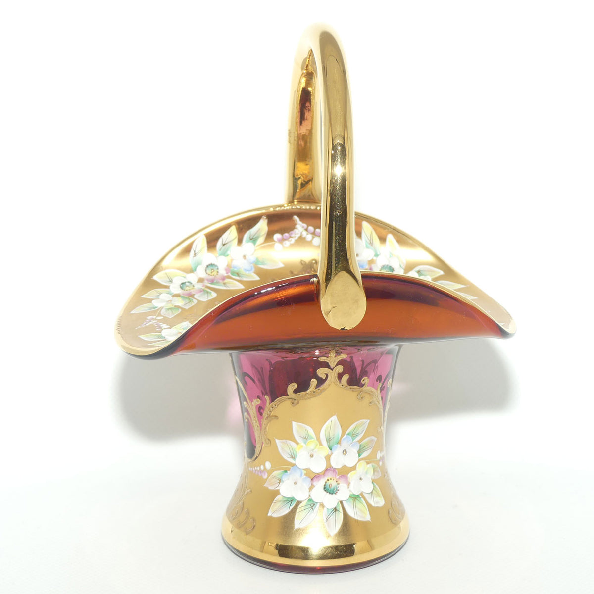 Vintage Bohemian Glass basket | High Gilt and Floral Decor on Cranberry