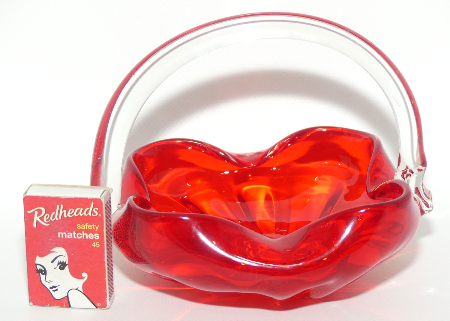 Art Glass basket with Clear Glass Handle | Deep Red body