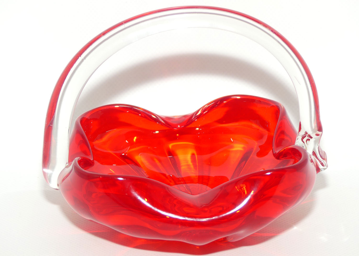 Art Glass basket with Clear Glass Handle | Deep Red body