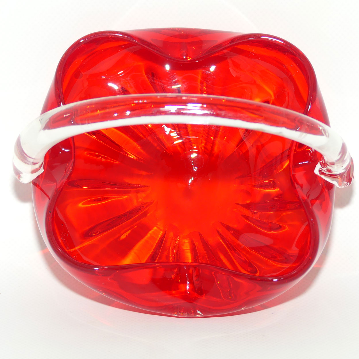 Art Glass basket with Clear Glass Handle | Deep Red body