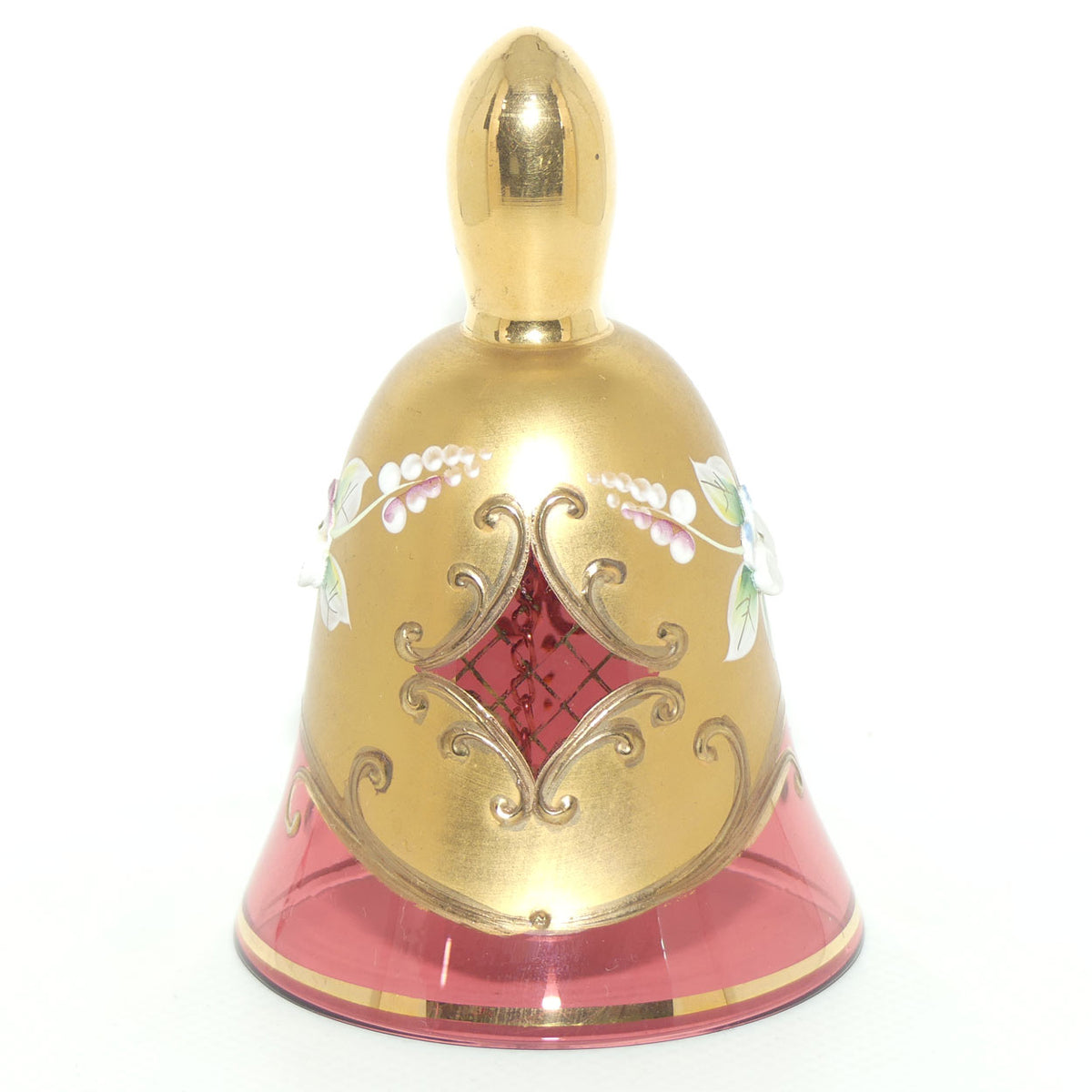 Vintage Bohemian Crystalex bell | High Gilt and Floral Decor on Cranberry | #2