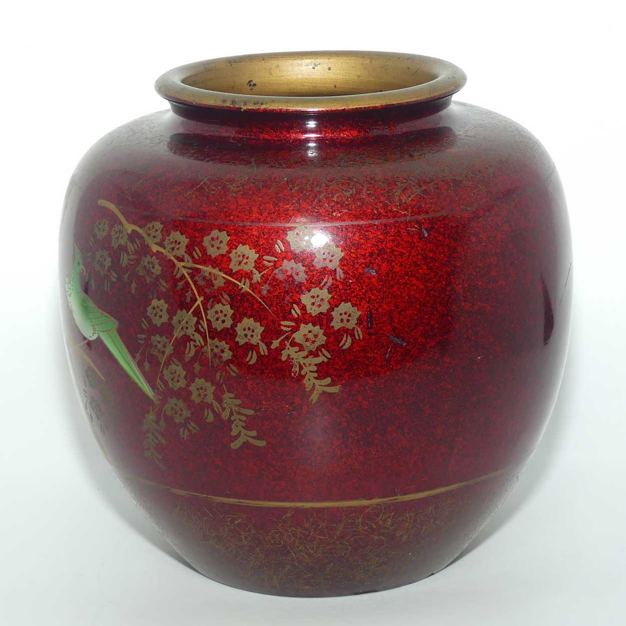 Japanese Hand Enamelled on Clay vase depicting Bird in Foliage | Rouge and Gilt
