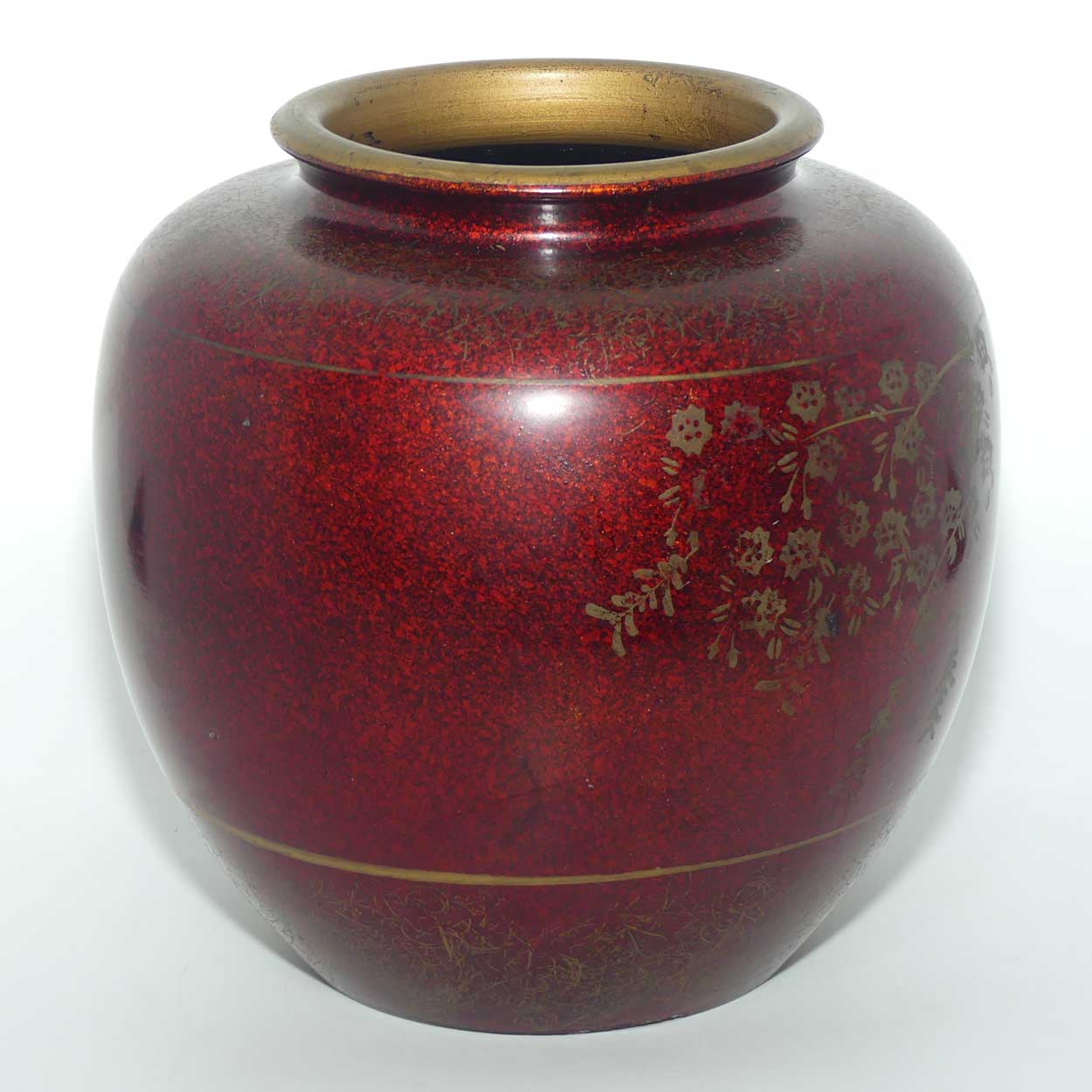 Japanese Hand Enamelled on Clay vase depicting Bird in Foliage | Rouge and Gilt