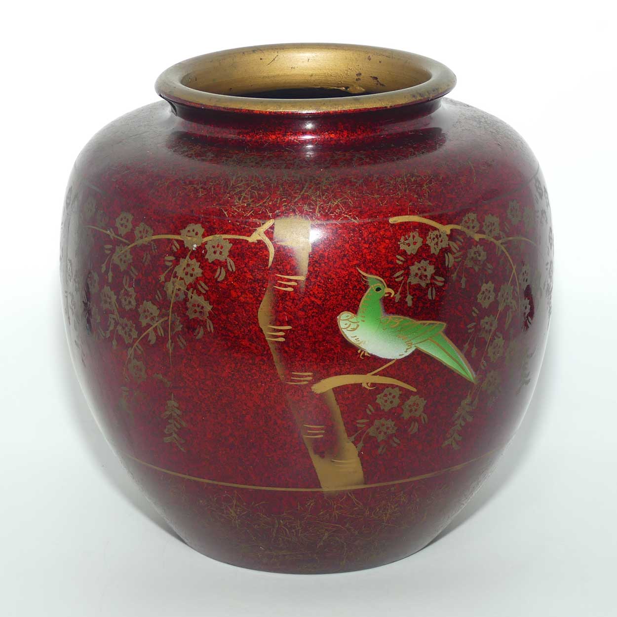 Japanese Hand Enamelled on Clay vase depicting Bird in Foliage | Rouge and Gilt