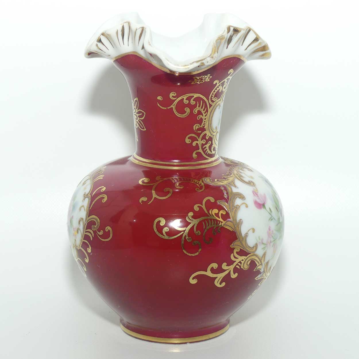 European Floral decorated Hand Painted and Gilt fluted rim vase