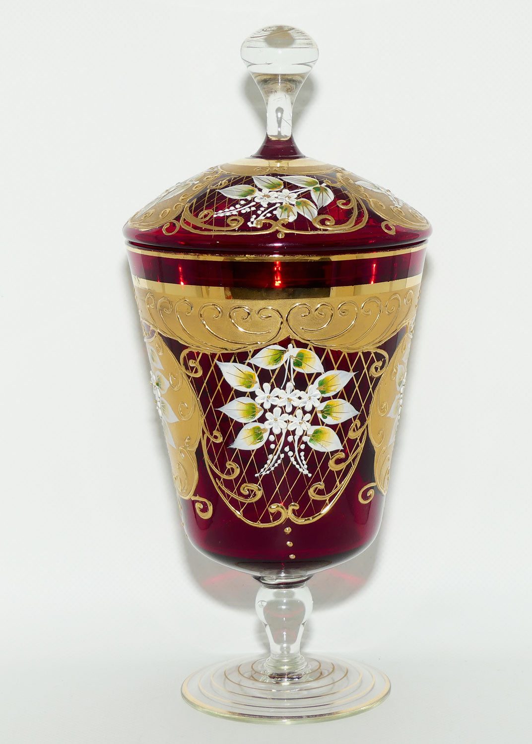 Vintage Venetian Glass lolly jar | High Gilt and Floral Decor on Ruby