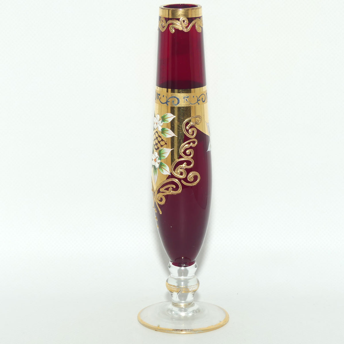 Vintage Venetian Glass slender bud vase | High Gilt and Floral Decor on Ruby