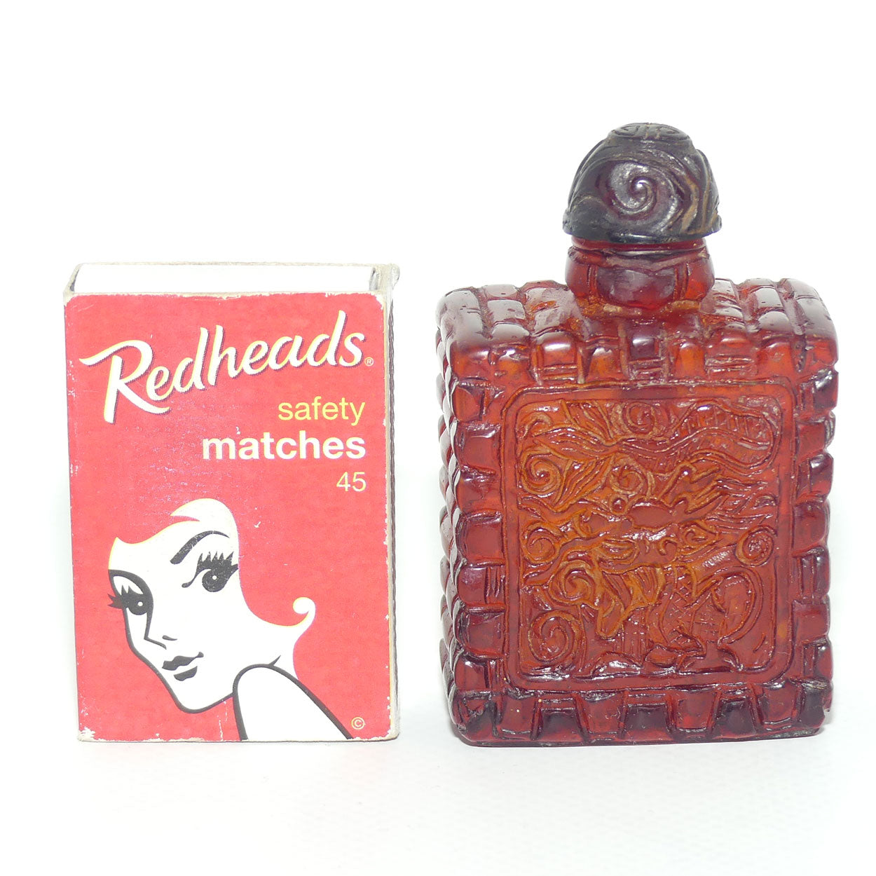 Chinese Snuff Bottle | Carved Amber in Square form with Stopper