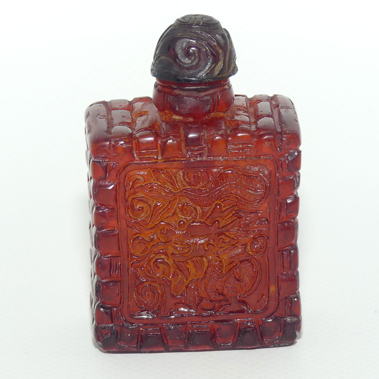 Chinese Snuff Bottle | Carved Amber in Square form with Stopper