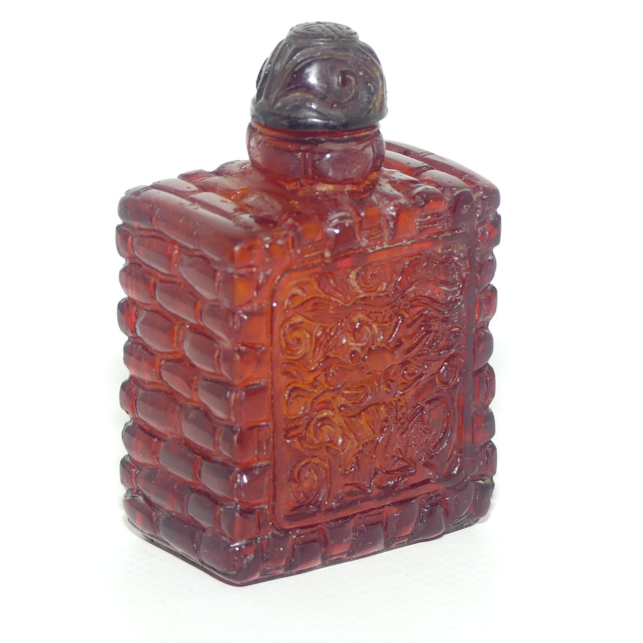 Chinese Snuff Bottle | Carved Amber in Square form with Stopper