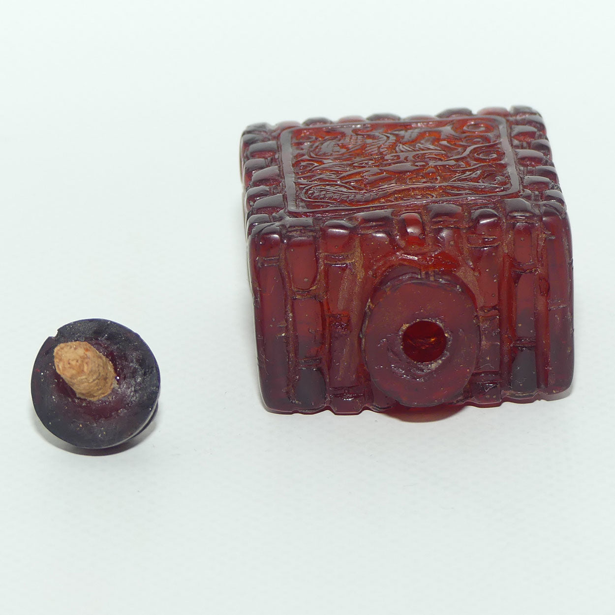Chinese Snuff Bottle | Carved Amber in Square form with Stopper
