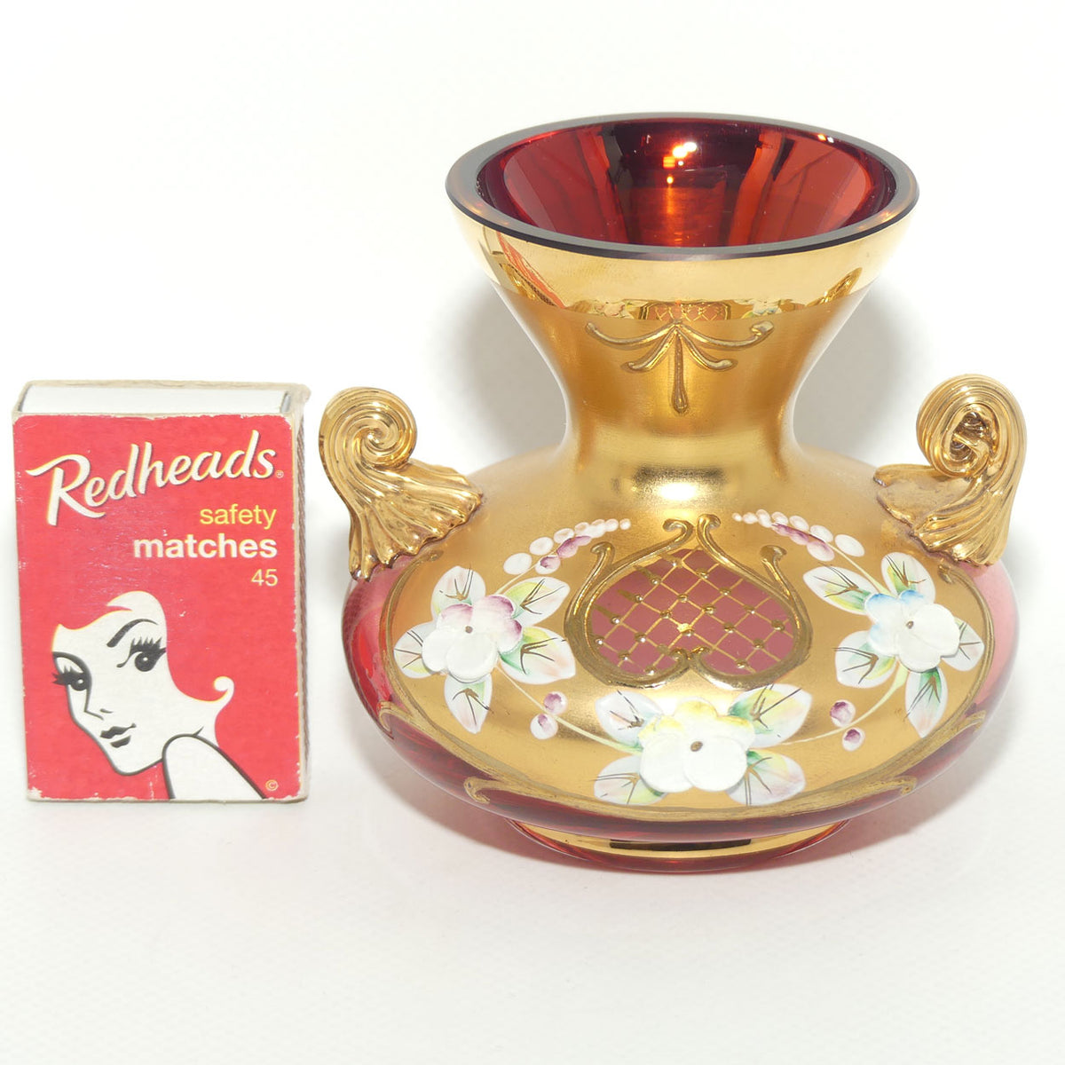 Vintage Bohemian Egermann squat vase | High Gilt and Floral Decor on Cranberry | Twin handles