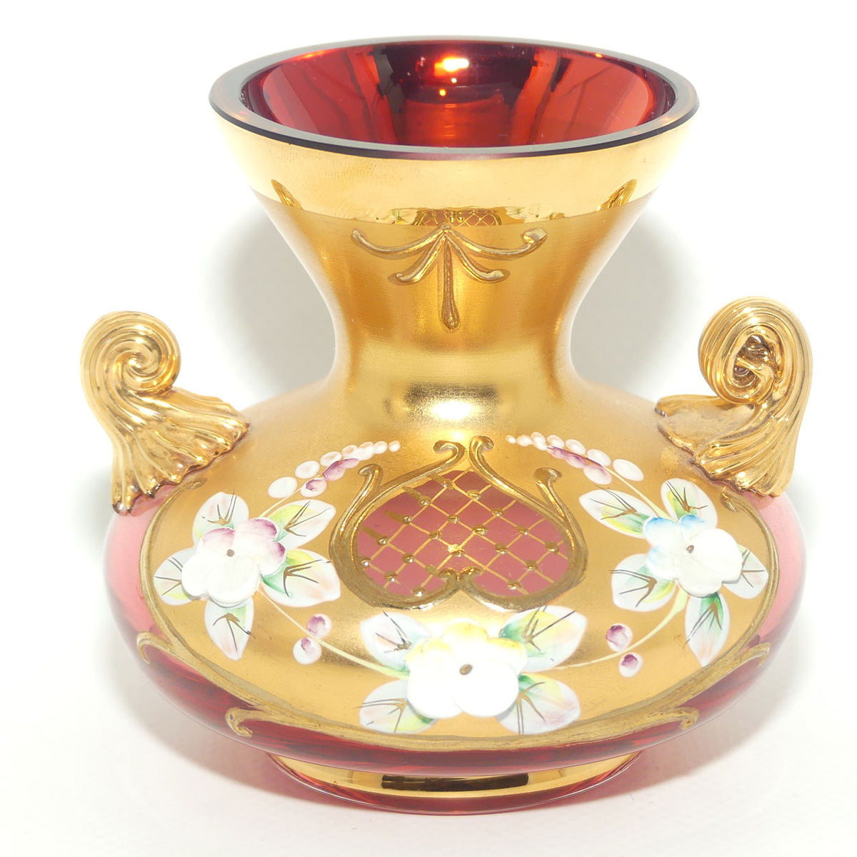 Vintage Bohemian Egermann squat vase | High Gilt and Floral Decor on Cranberry | Twin handles