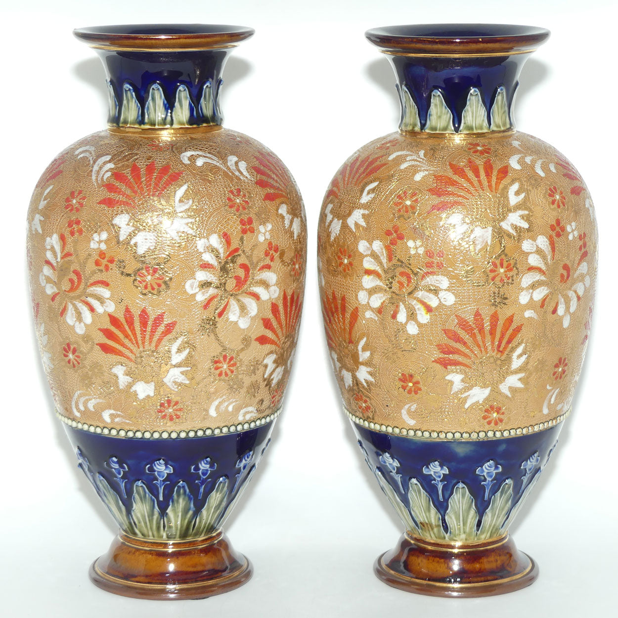 Royal Doulton stoneware pair of bulbous vases with red & white enamelled flowers, gilt highlights, applied leaves & dots (stamped 4461)