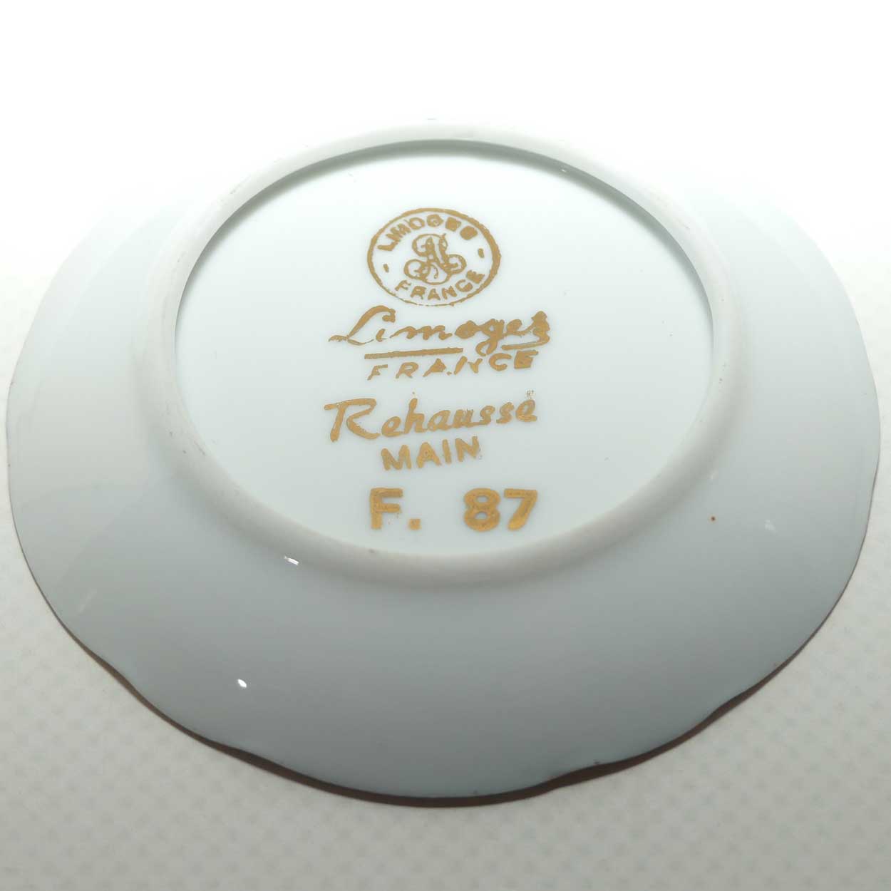 Limoges France Rehausse Main plate | White and Gold | 7.5cm
