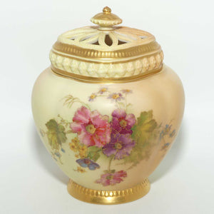 Royal Worcester Blush Ivory hand painted Flowers potpourri with reticulated top