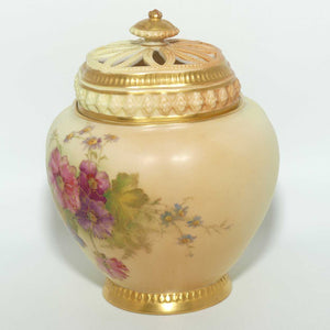 Royal Worcester Blush Ivory hand painted Flowers potpourri with reticulated top