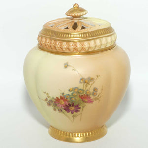 Royal Worcester Blush Ivory hand painted Flowers potpourri with reticulated top