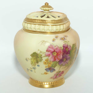 Royal Worcester Blush Ivory hand painted Flowers potpourri with reticulated top