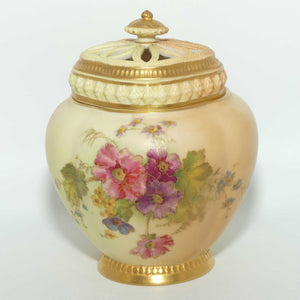 Royal Worcester Blush Ivory hand painted Flowers potpourri with reticulated top