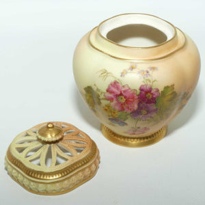 Royal Worcester Blush Ivory hand painted Flowers potpourri with reticulated top