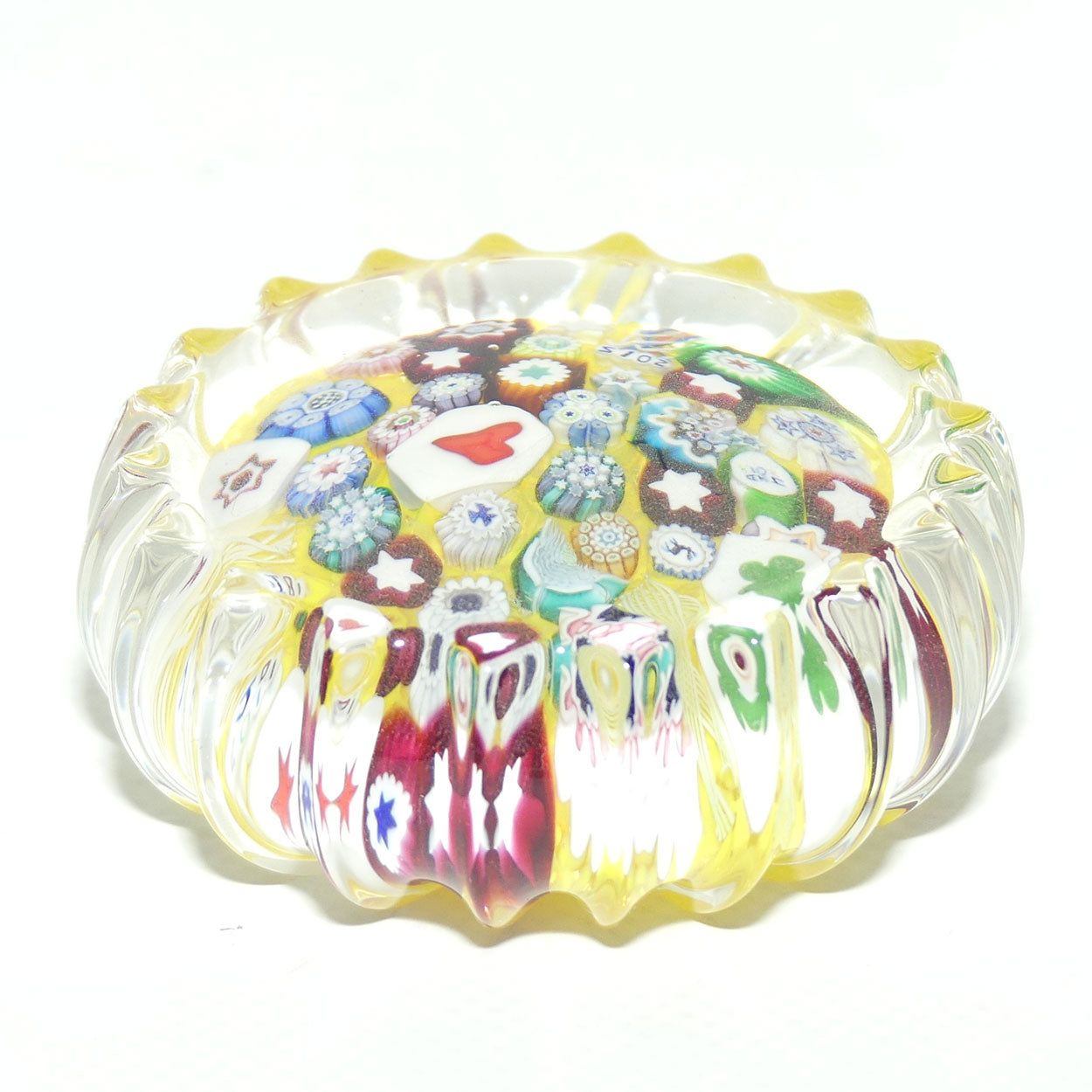 John Deacons Scotland Millefiori End of Day paperweight | Ribbed | Yellow