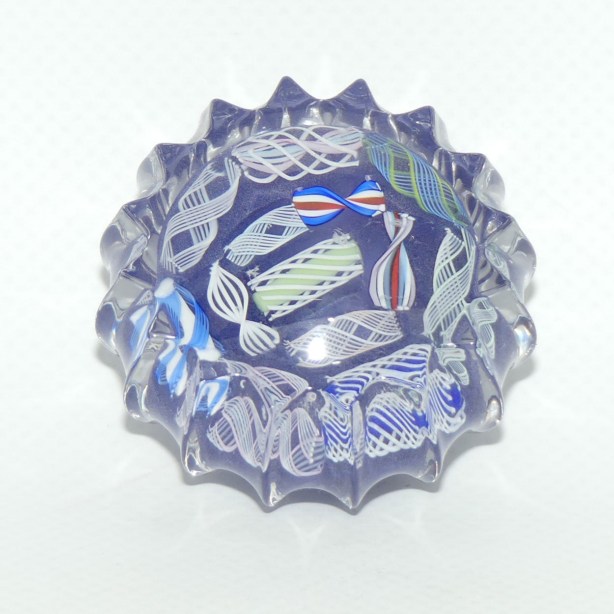 John Deacons Scotland Latticino Ribbed miniature paperweight | Lavender