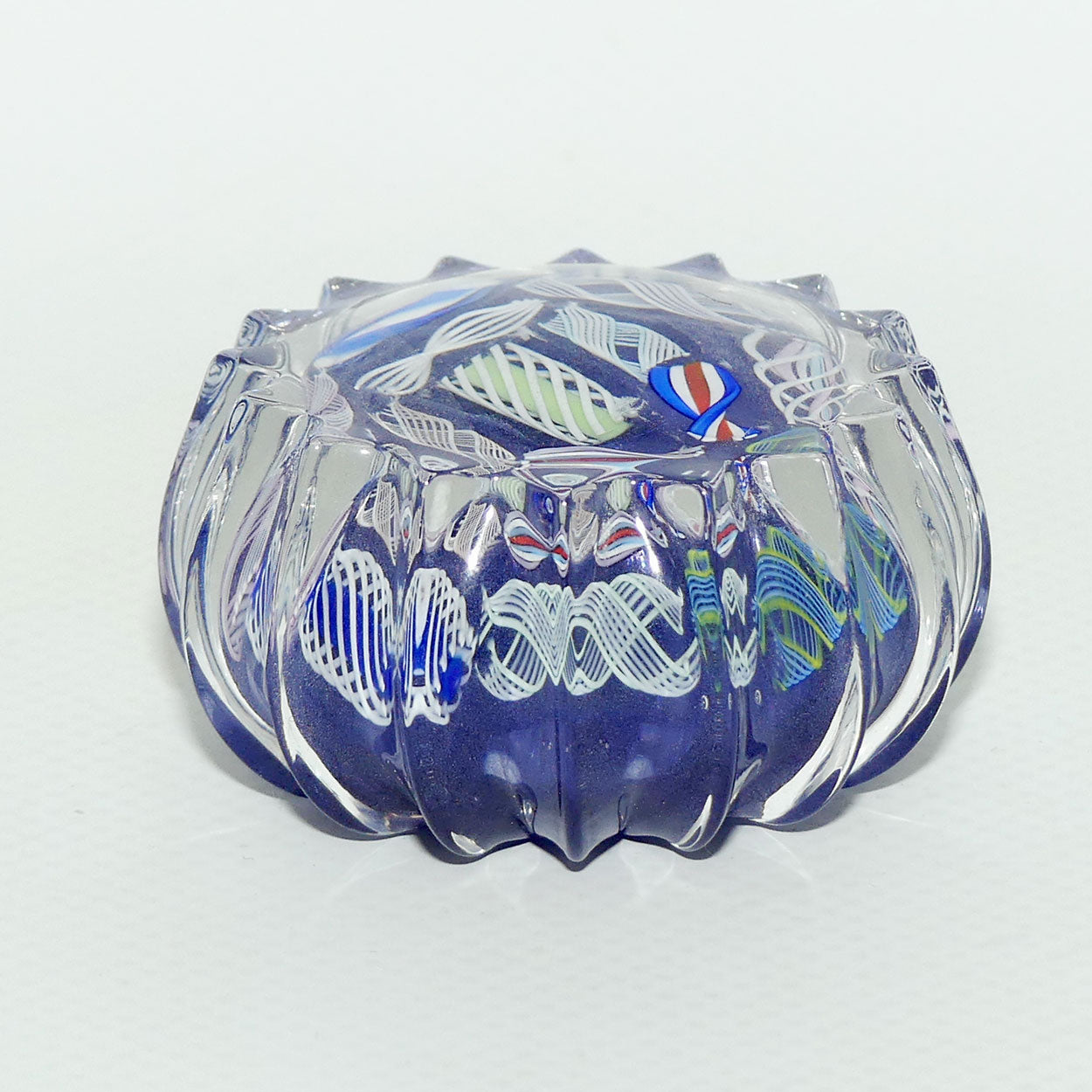 John Deacons Scotland Latticino Ribbed miniature paperweight | Lavender