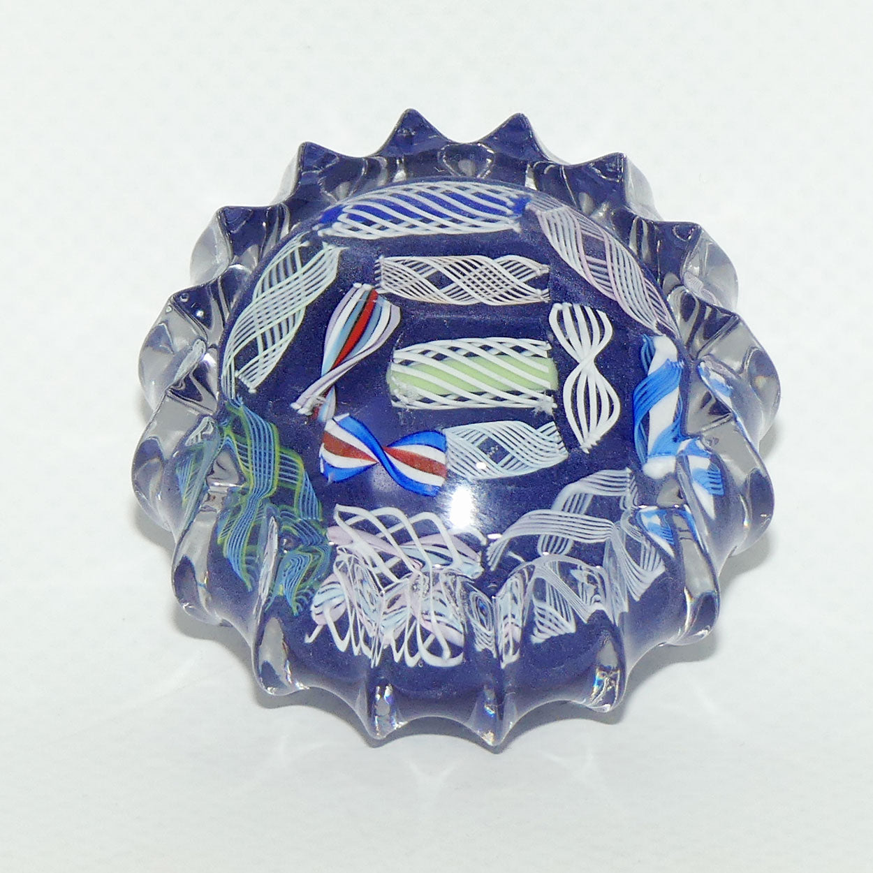 John Deacons Scotland Latticino Ribbed miniature paperweight | Lavender