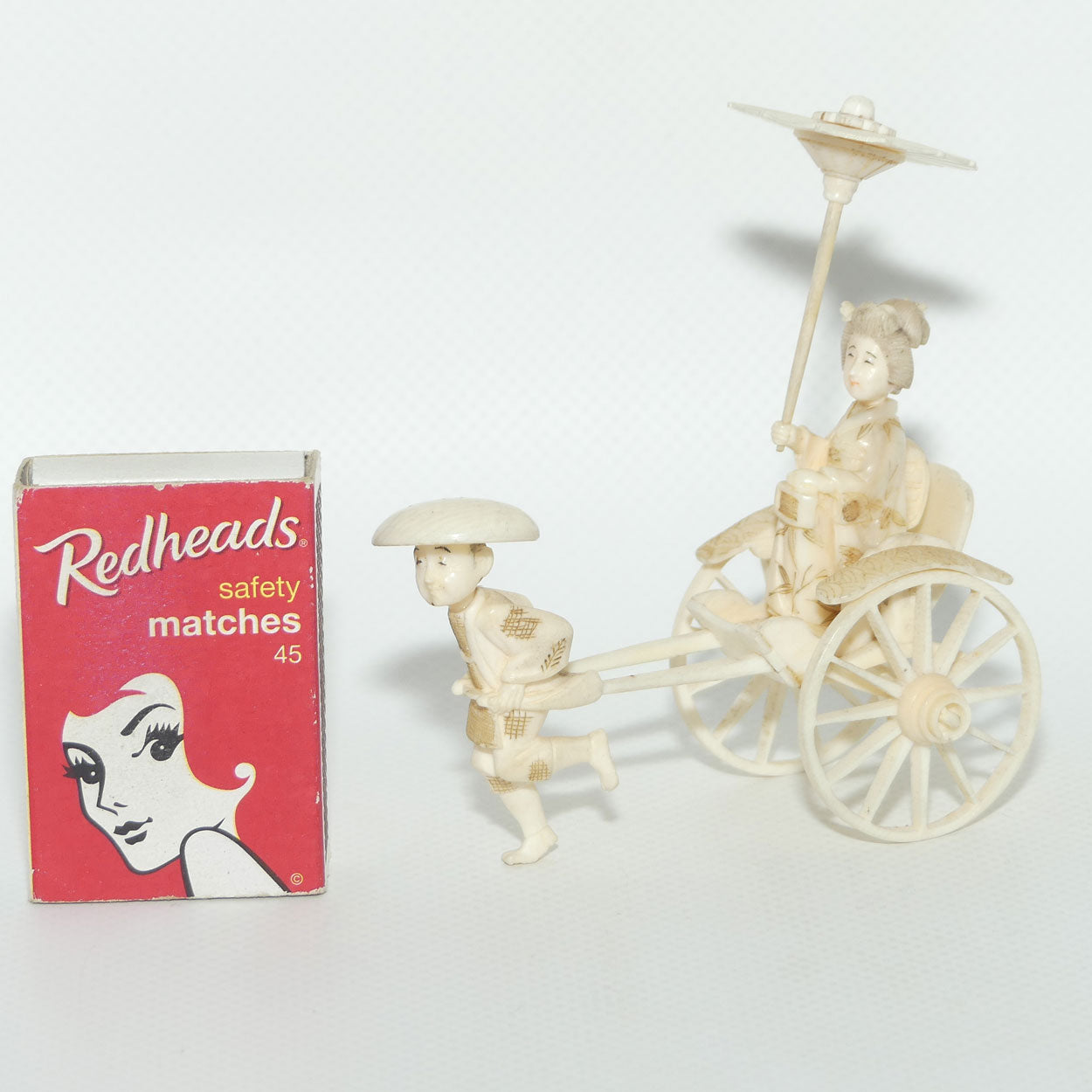 Japanese Carved Ivory Okimono | Man pulling Rickshaw, Bijin Aboard