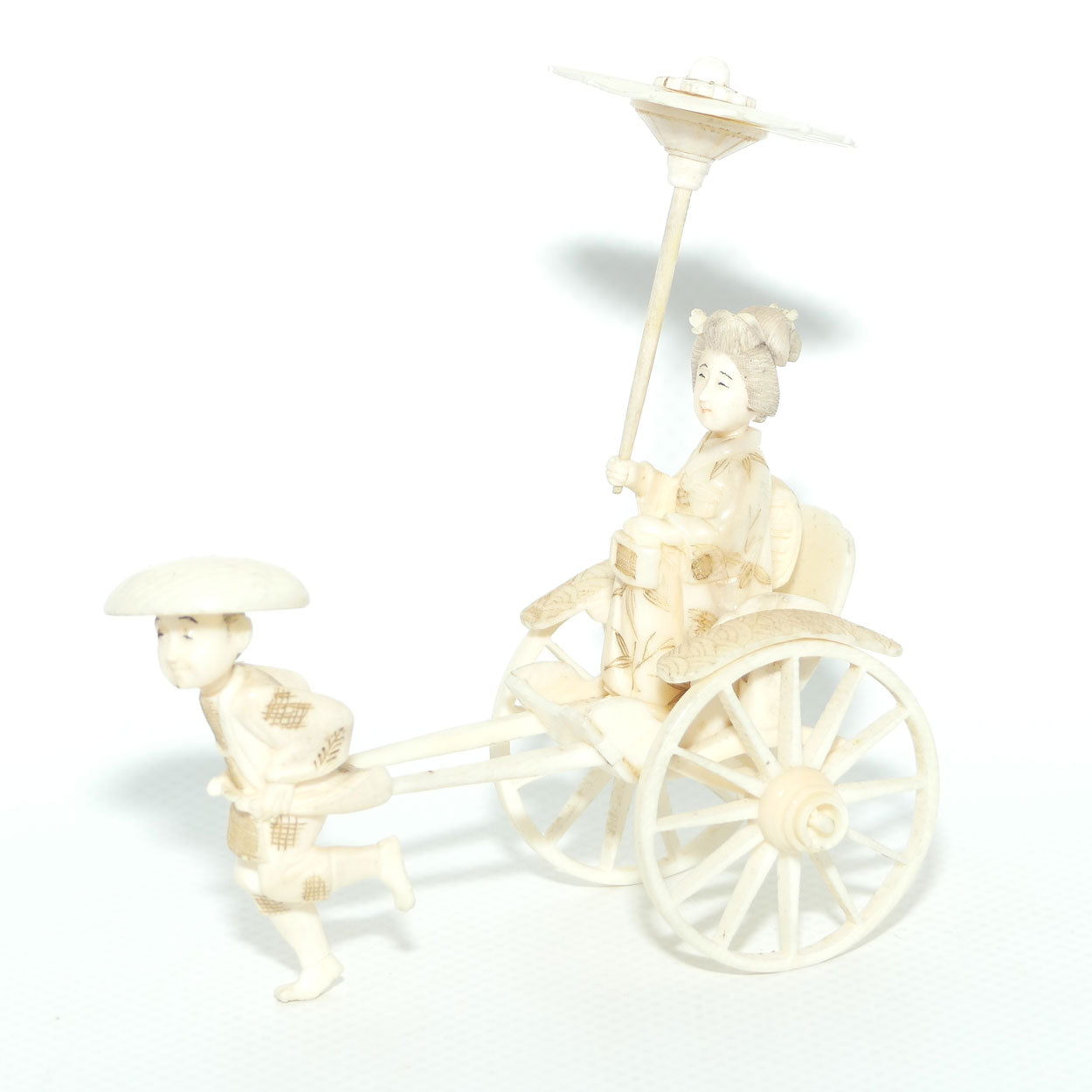 Japanese Carved Ivory Okimono | Man pulling Rickshaw, Bijin Aboard