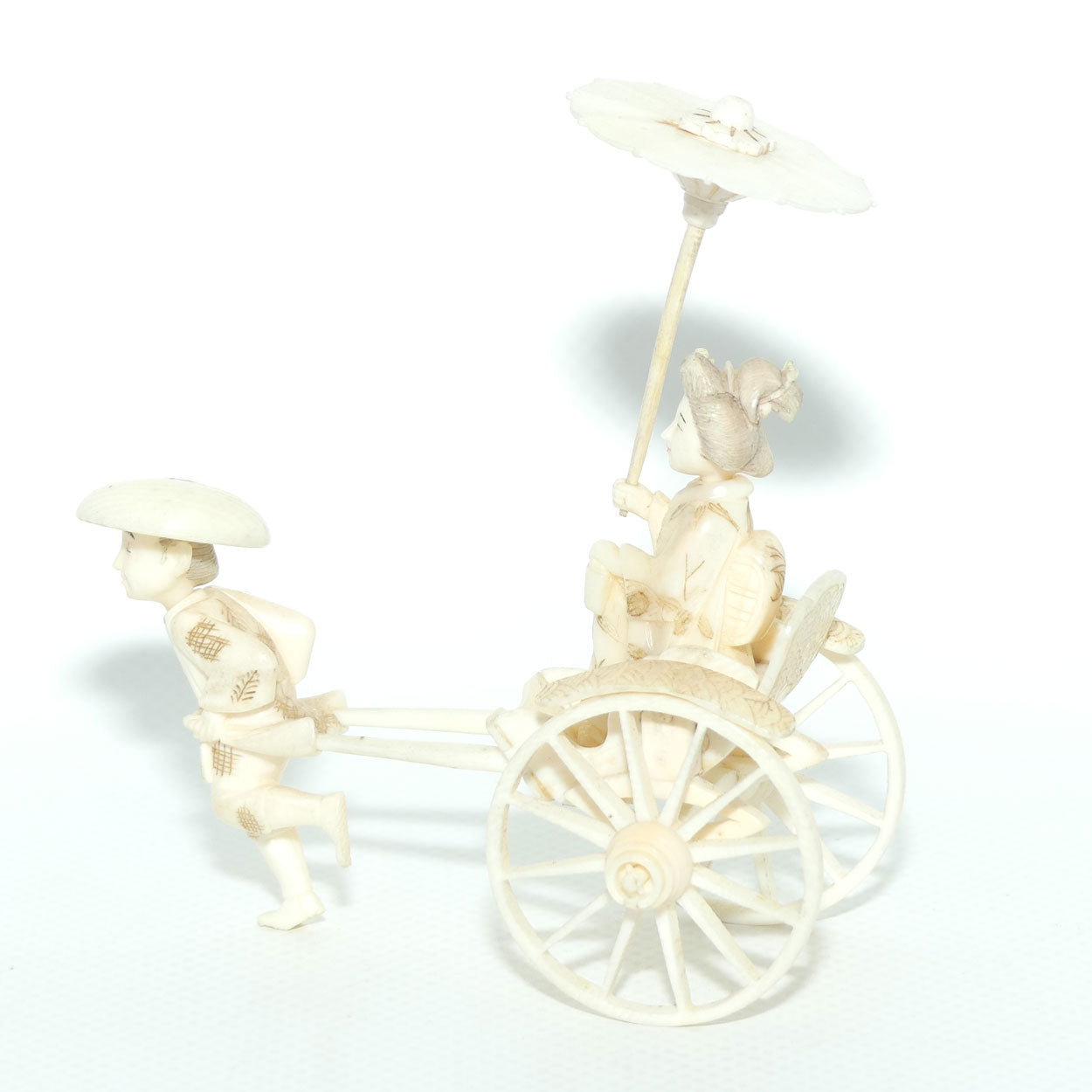 Japanese Carved Ivory Okimono | Man pulling Rickshaw, Bijin Aboard