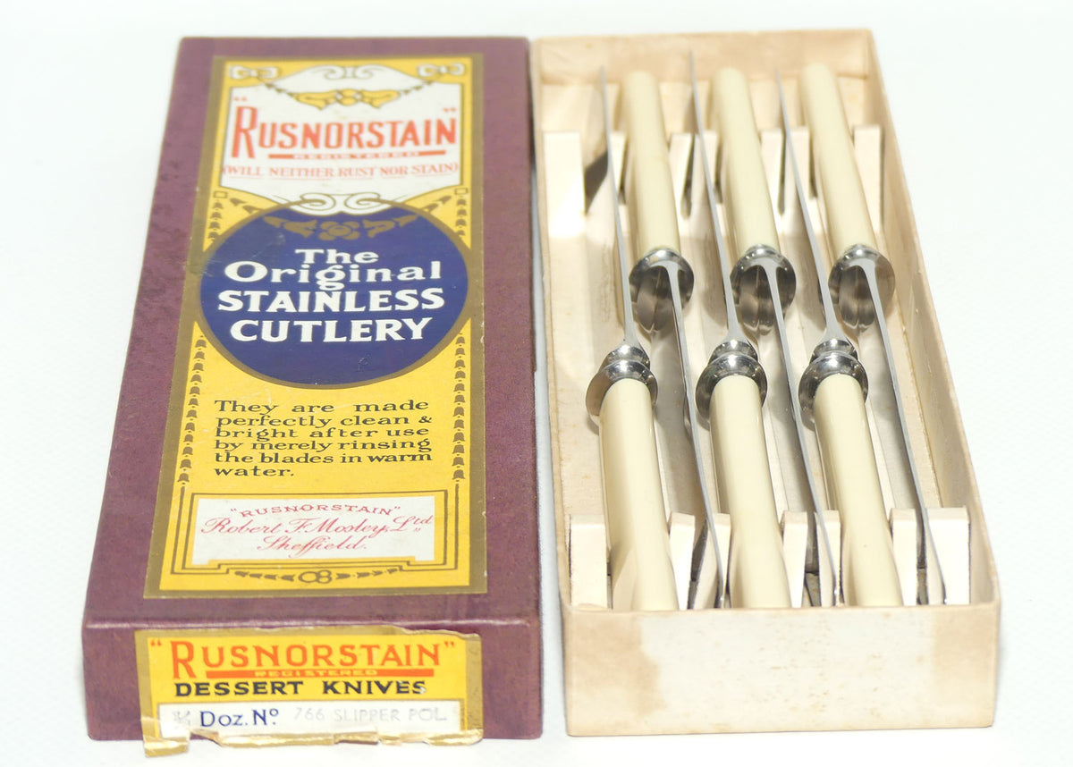 Set of 6 Robert F Mosley Rusnorstain Sheffield Stainless | Faux Bone Handle Knives | 20.8cm | boxed