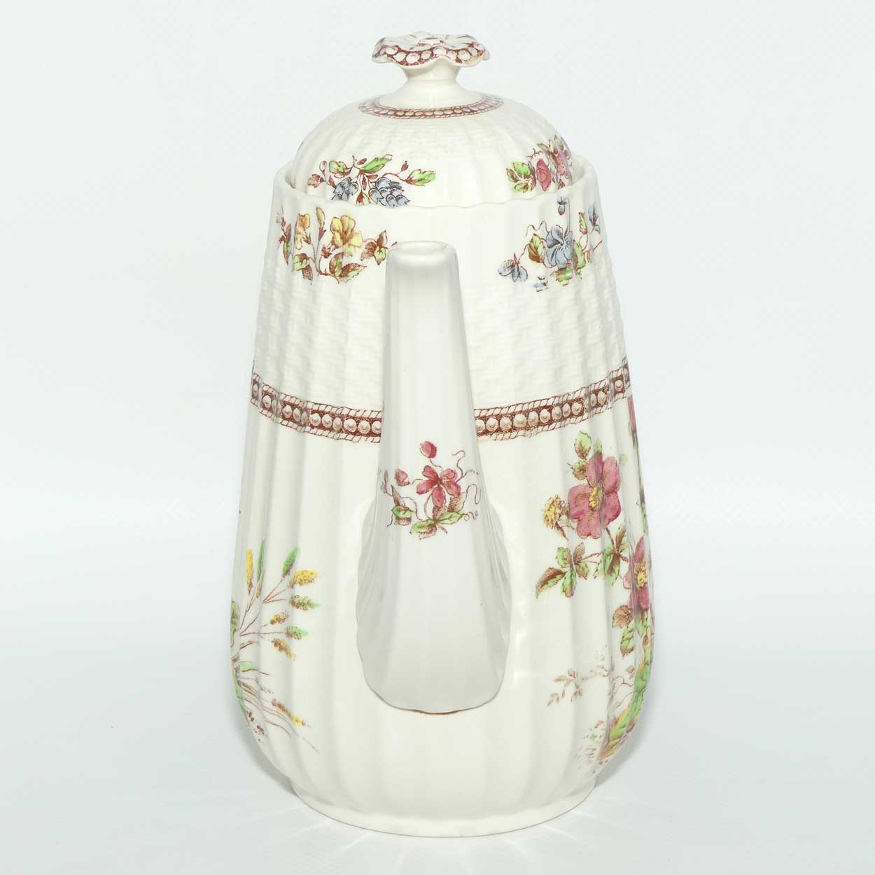 Copeland Spode Rosalie pattern coffee pot, sugar bowl and creamer