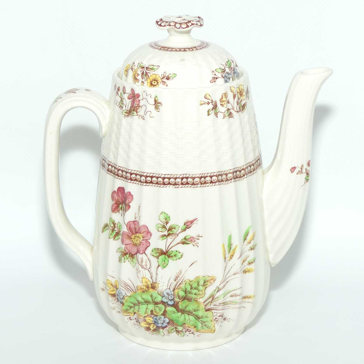 Copeland Spode Rosalie pattern coffee pot, sugar bowl and creamer