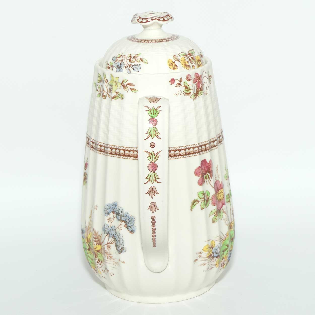 Copeland Spode Rosalie pattern coffee pot, sugar bowl and creamer