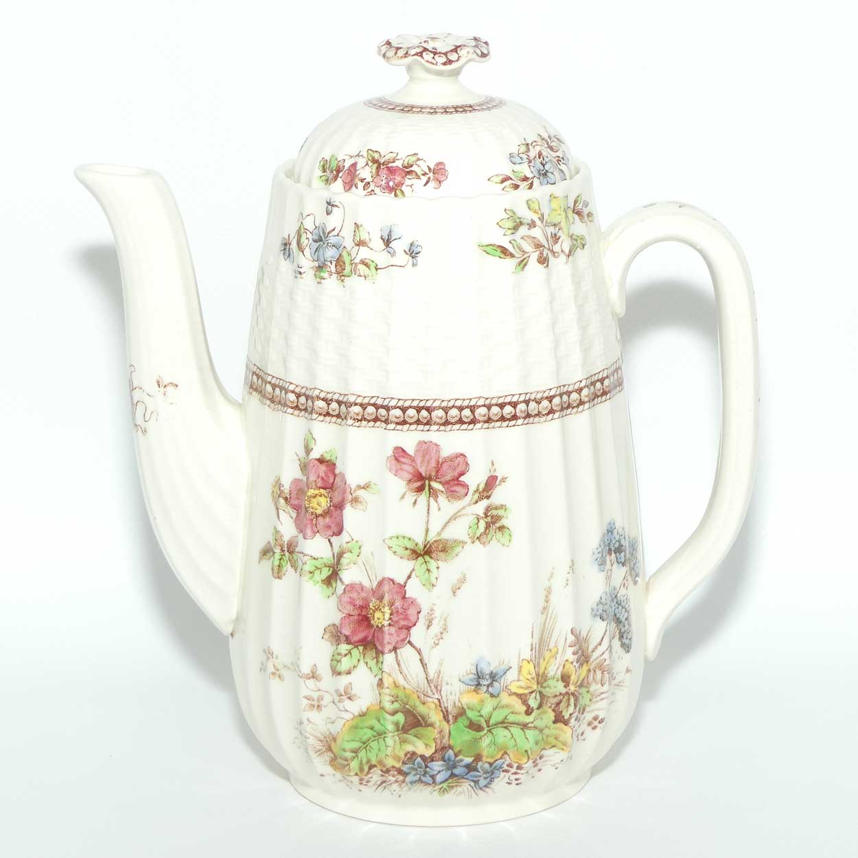 Copeland Spode Rosalie pattern coffee pot, sugar bowl and creamer