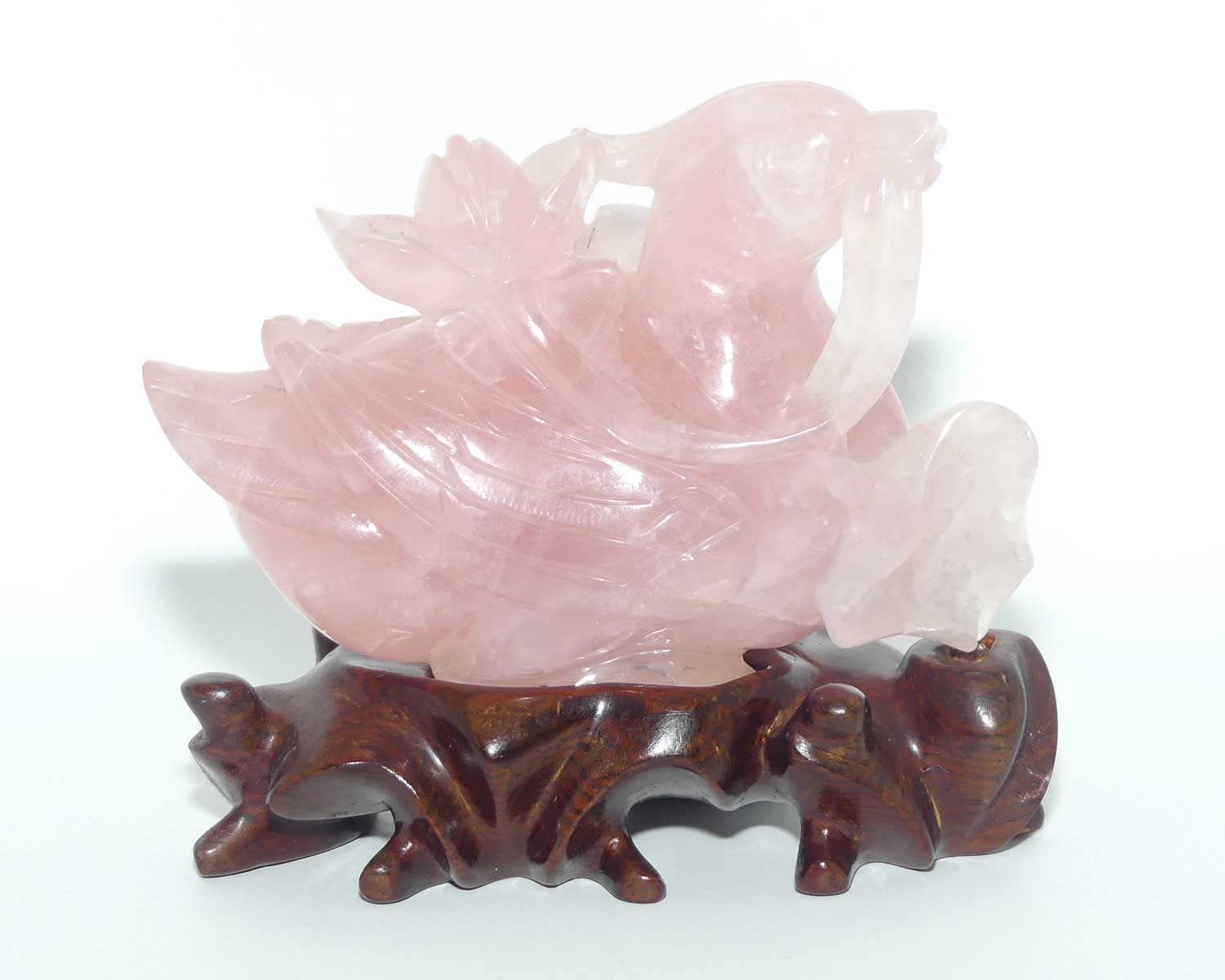 Mid 20th Century Chinese Rose Quartz Mandarin Duck on wooden stand