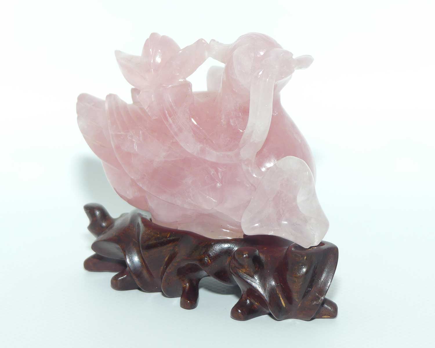 Mid 20th Century Chinese Rose Quartz Mandarin Duck on wooden stand