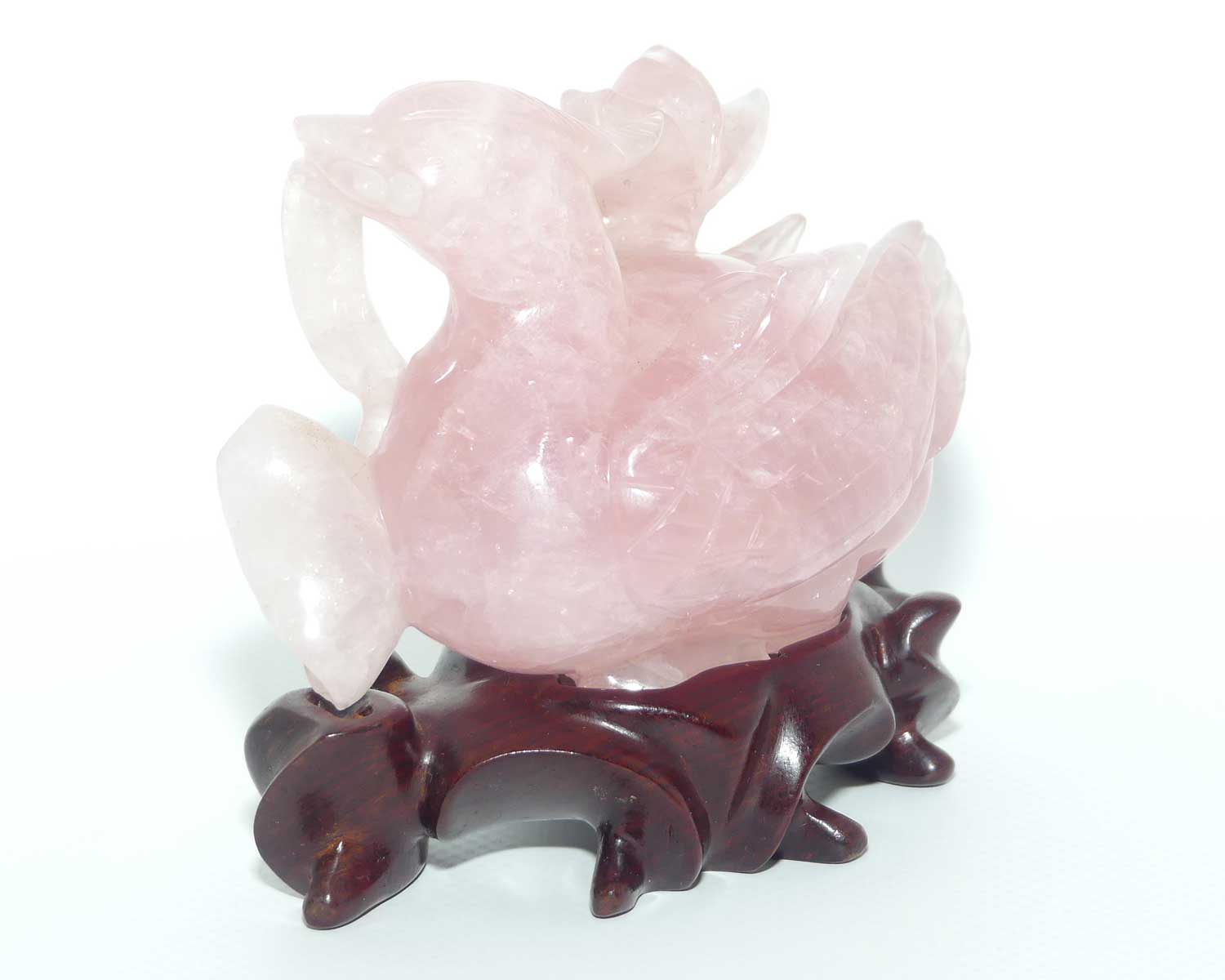 Mid 20th Century Chinese Rose Quartz Mandarin Duck on wooden stand