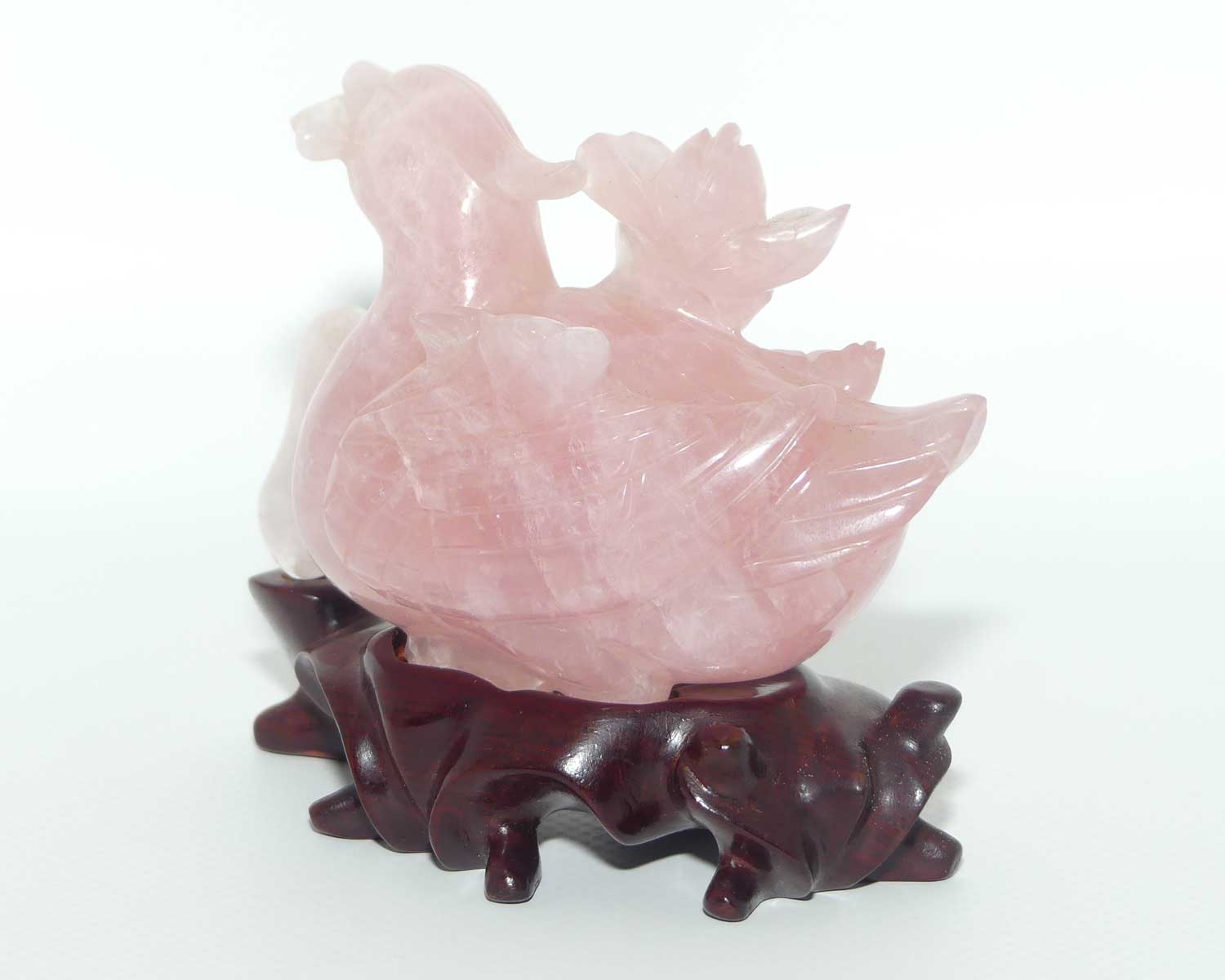 Mid 20th Century Chinese Rose Quartz Mandarin Duck on wooden stand